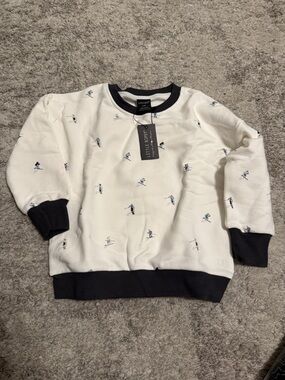 Little Bipsy Cream Pullover with Navy Trim and Ski Embroidery